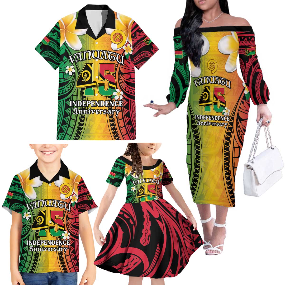 Vanuatu Independence Day Family Matching Off The Shoulder Long Sleeve Dress and Hawaiian Shirt Long God Yumi Stanap Happy 45th Anniversary LT14 - Polynesian Pride