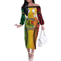 Vanuatu Independence Day Family Matching Off The Shoulder Long Sleeve Dress and Hawaiian Shirt Long God Yumi Stanap Happy 45th Anniversary LT14 Mom's Dress Reggae - Polynesian Pride
