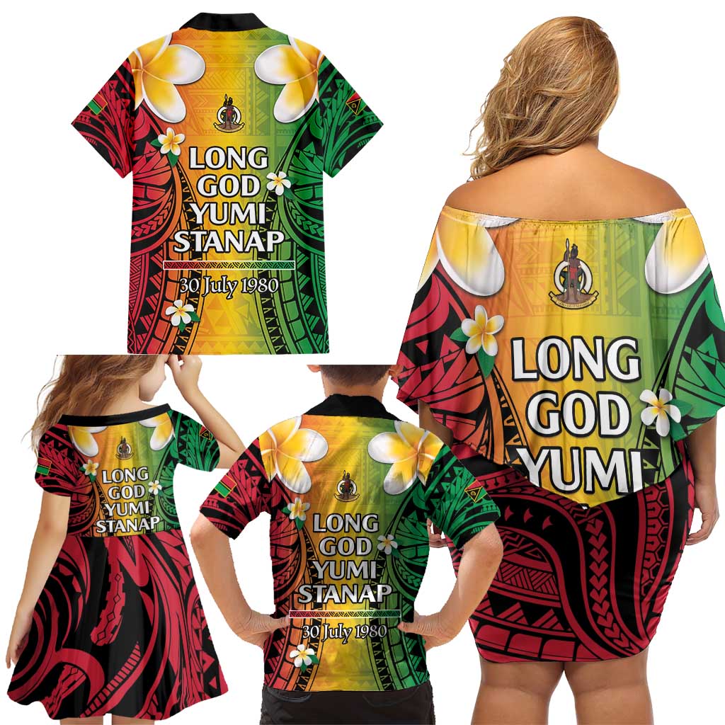 Vanuatu Independence Day Family Matching Off Shoulder Short Dress and Hawaiian Shirt Long God Yumi Stanap Happy 45th Anniversary LT14 - Polynesian Pride