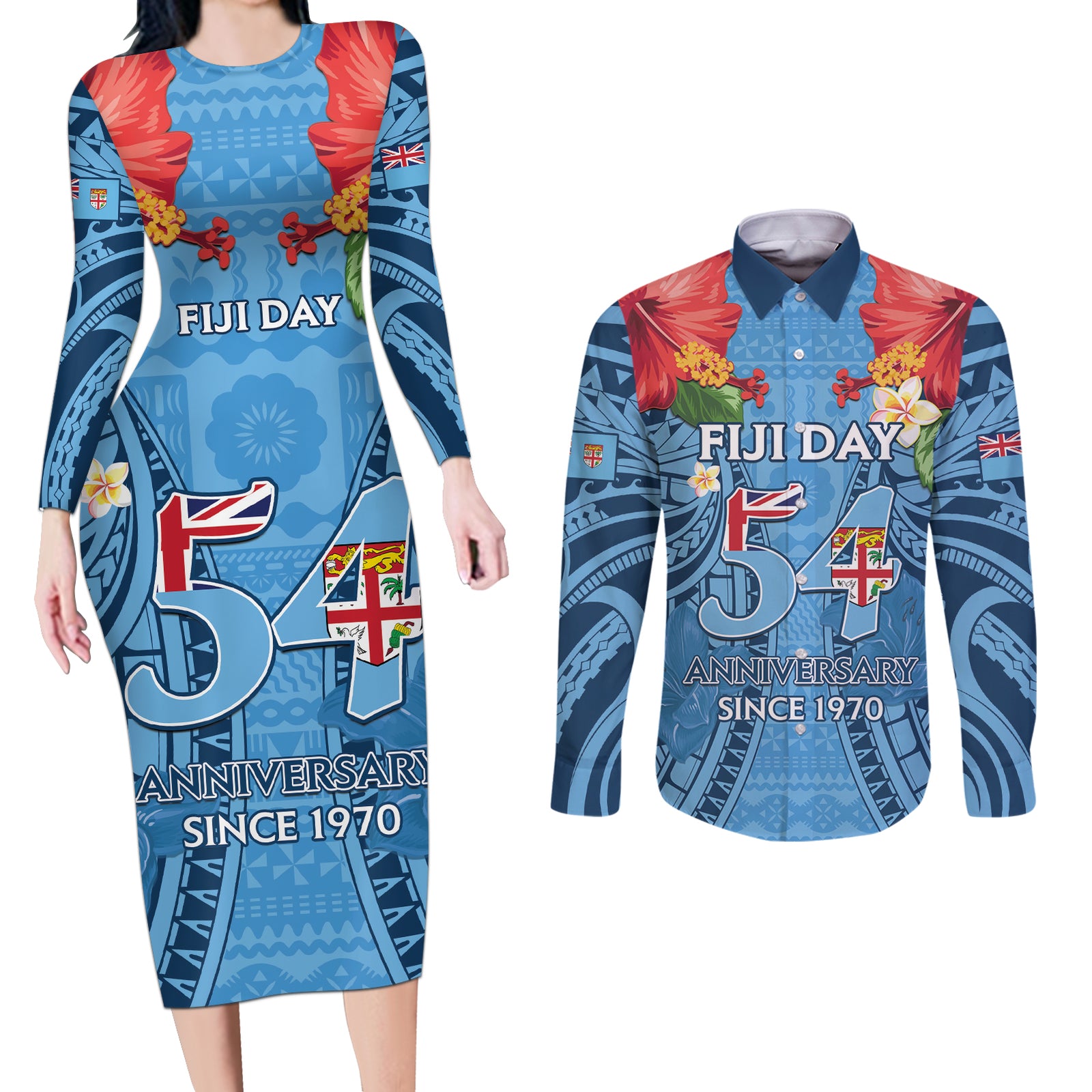 Fiji Day Couples Matching Long Sleeve Bodycon Dress and Long Sleeve Button Shirt Happy 54 Years Of Independence Tapa Pattern Blue