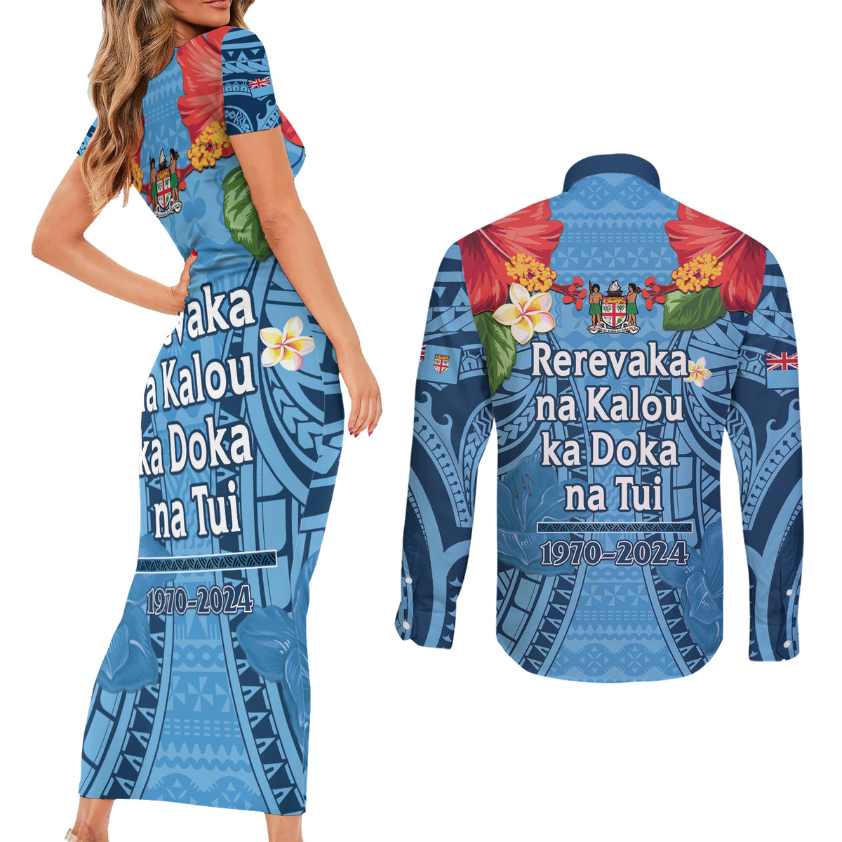 Fiji Day Couples Matching Short Sleeve Bodycon Dress and Long Sleeve Button Shirt Happy 54 Years Of Independence Tapa Pattern Blue