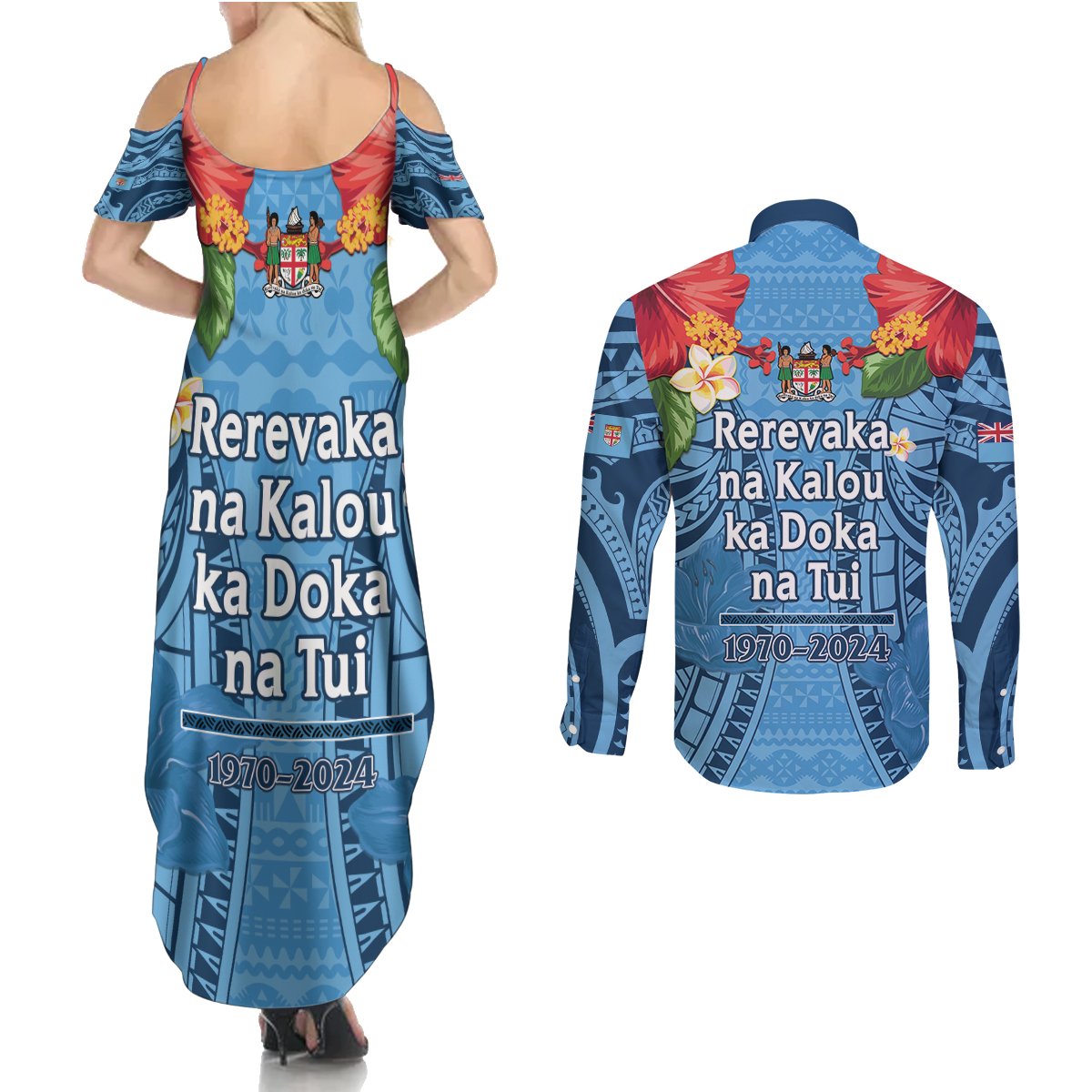 Fiji Day Couples Matching Summer Maxi Dress and Long Sleeve Button Shirt Happy 54 Years Of Independence Tapa Pattern Blue