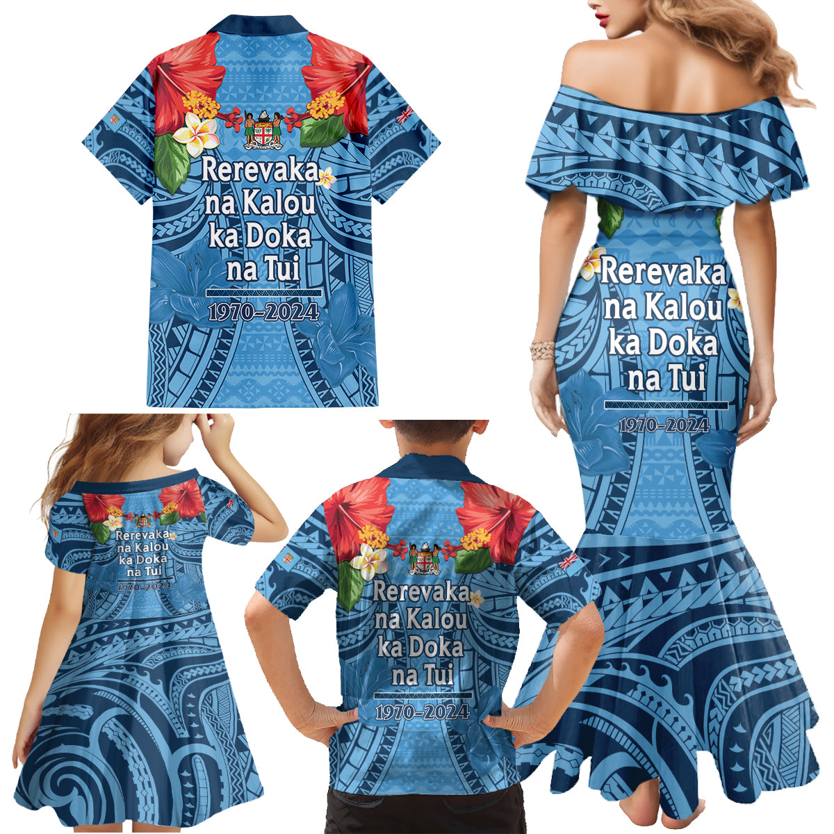 Fiji Day Family Matching Mermaid Dress and Hawaiian Shirt Happy 54 Years Of Independence Tapa Pattern Blue