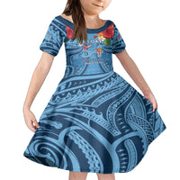 Fiji Day Family Matching Off The Shoulder Long Sleeve Dress and Hawaiian Shirt Happy 54 Years Of Independence Tapa Pattern Blue LT14 Daughter's Dress Blue - Polynesian Pride