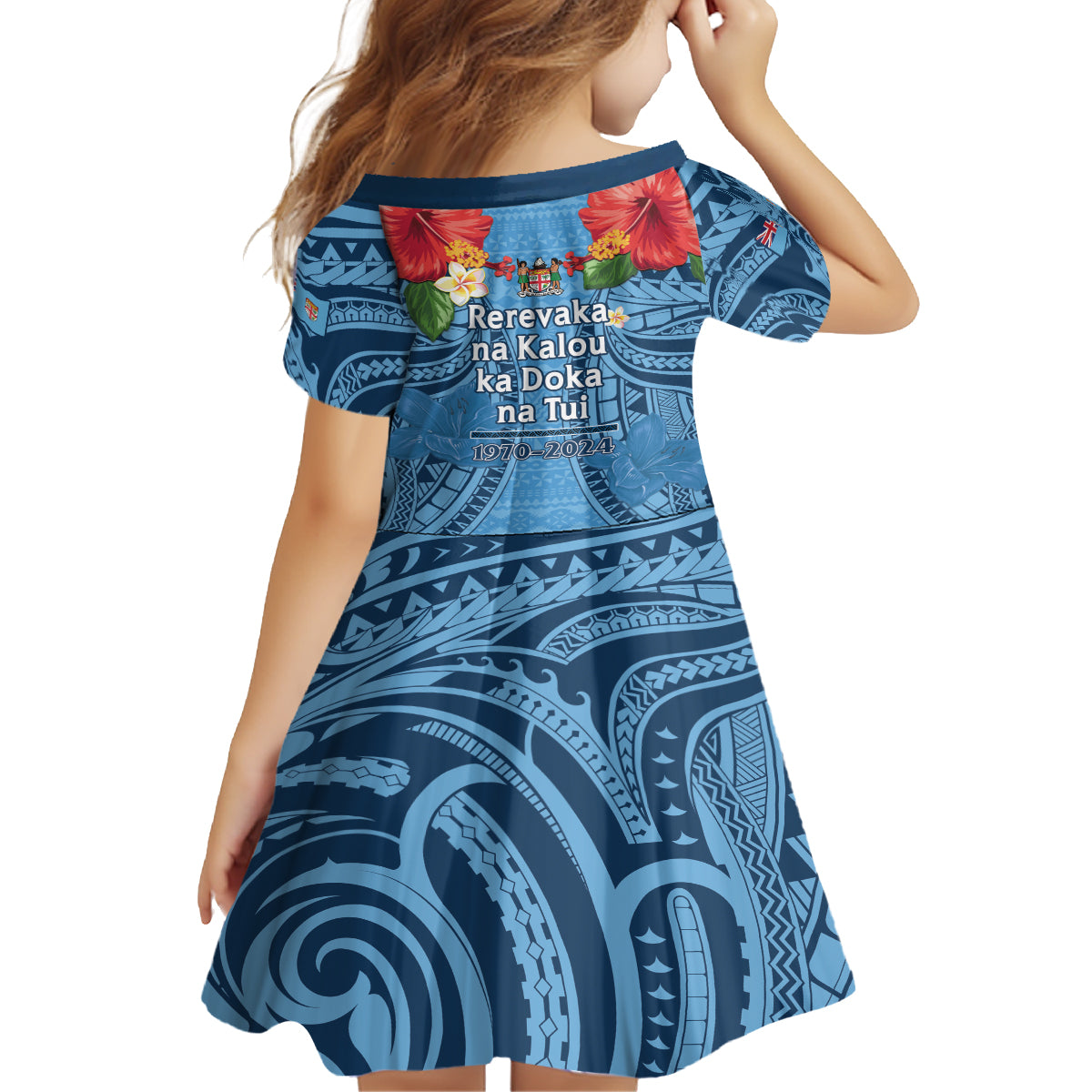 Fiji Day Family Matching Off The Shoulder Long Sleeve Dress and Hawaiian Shirt Happy 54 Years Of Independence Tapa Pattern Blue LT14 - Polynesian Pride