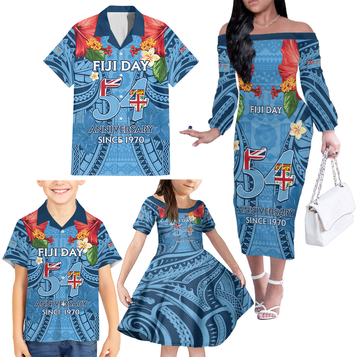Fiji Day Family Matching Off The Shoulder Long Sleeve Dress and Hawaiian Shirt Happy 54 Years Of Independence Tapa Pattern Blue LT14 - Polynesian Pride