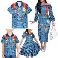 Fiji Day Family Matching Off The Shoulder Long Sleeve Dress and Hawaiian Shirt Happy 54 Years Of Independence Tapa Pattern Blue LT14 - Polynesian Pride