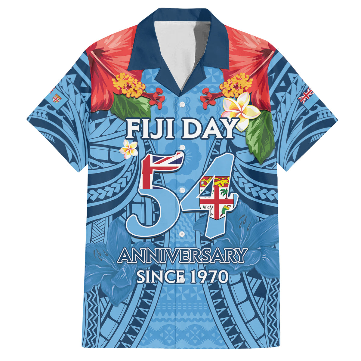 Fiji Day Family Matching Off The Shoulder Long Sleeve Dress and Hawaiian Shirt Happy 54 Years Of Independence Tapa Pattern Blue LT14 Dad's Shirt - Short Sleeve Blue - Polynesian Pride