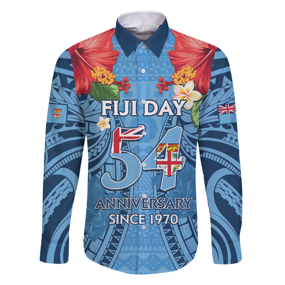 Fiji Day Family Matching Off The Shoulder Long Sleeve Dress and Hawaiian Shirt Happy 54 Years Of Independence Tapa Pattern Blue LT14 Dad's Shirt - Long Sleeve Blue - Polynesian Pride