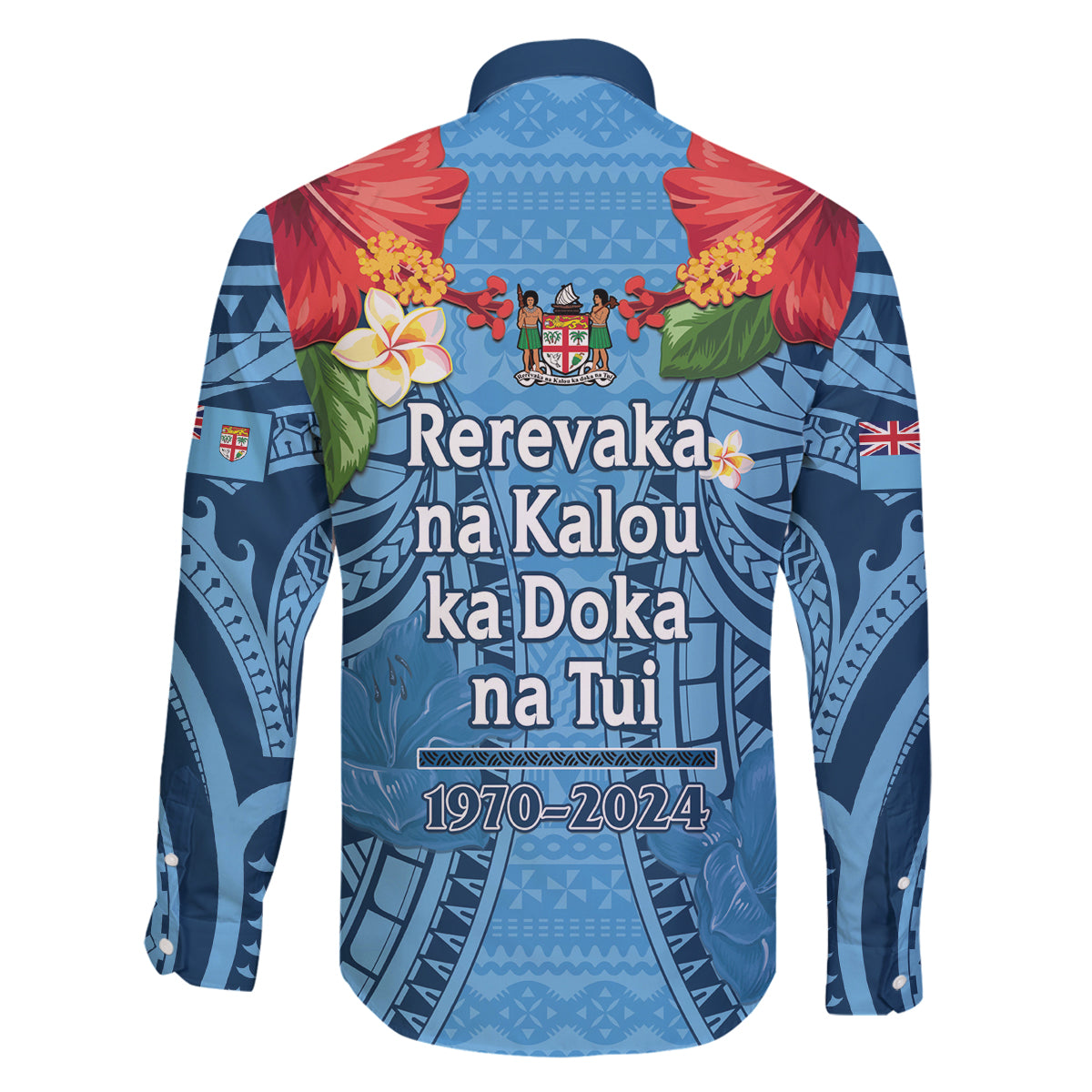 Fiji Day Family Matching Off The Shoulder Long Sleeve Dress and Hawaiian Shirt Happy 54 Years Of Independence Tapa Pattern Blue LT14 - Polynesian Pride