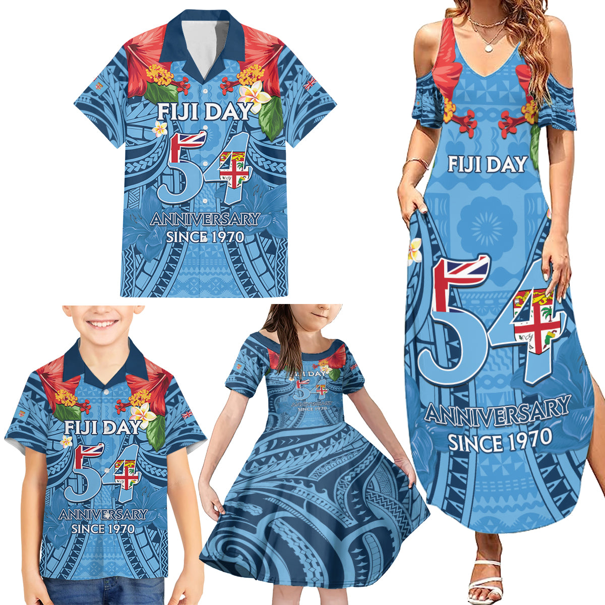Fiji Day Family Matching Summer Maxi Dress and Hawaiian Shirt Happy 54 Years Of Independence Tapa Pattern Blue LT14 - Polynesian Pride