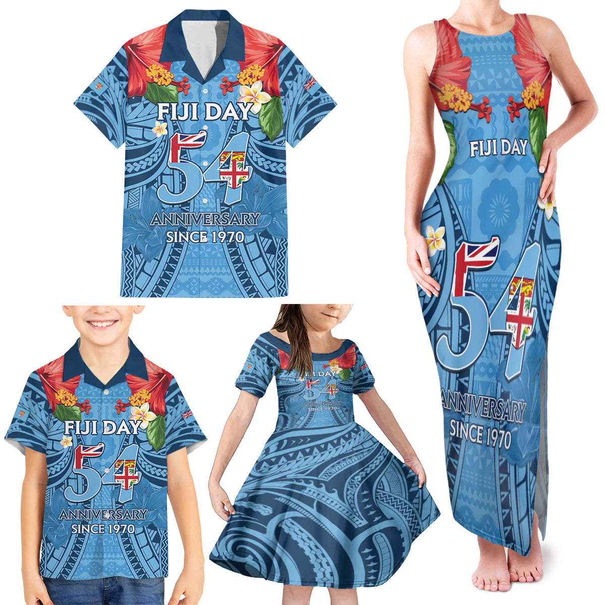 Fiji Day Family Matching Tank Maxi Dress and Hawaiian Shirt Happy 54 Years Of Independence Tapa Pattern Blue LT14 - Polynesian Pride