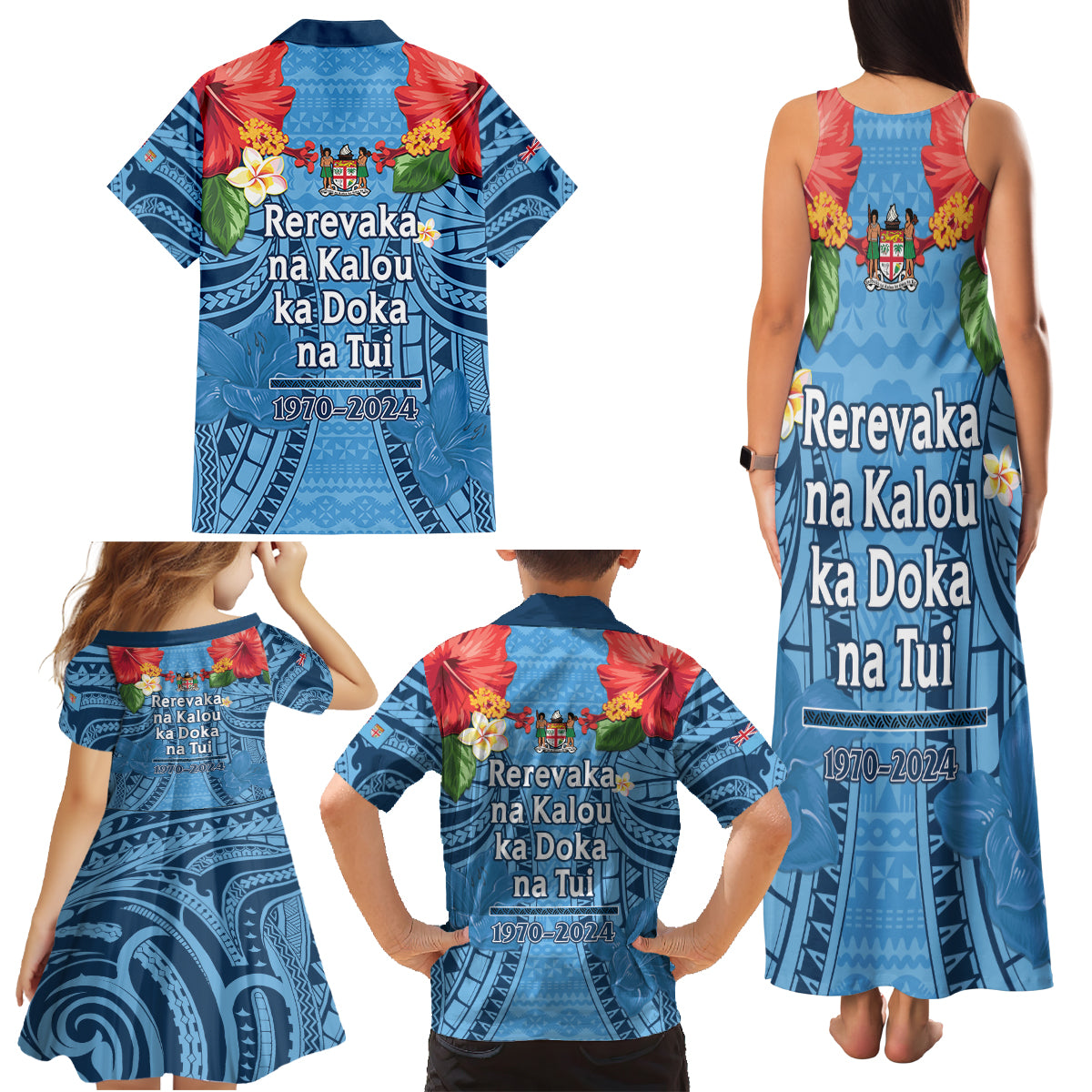Fiji Day Family Matching Tank Maxi Dress and Hawaiian Shirt Happy 54 Years Of Independence Tapa Pattern Blue LT14 - Polynesian Pride