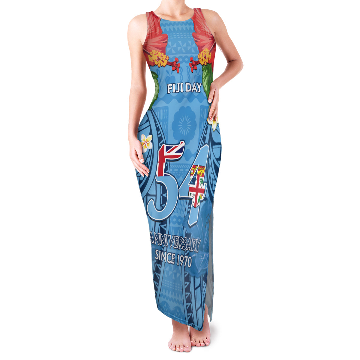 Fiji Day Family Matching Tank Maxi Dress and Hawaiian Shirt Happy 54 Years Of Independence Tapa Pattern Blue LT14 Mom's Dress Blue - Polynesian Pride