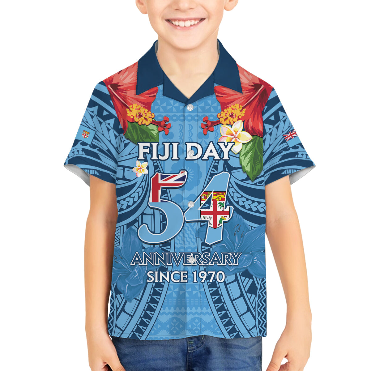 Fiji Day Family Matching Tank Maxi Dress and Hawaiian Shirt Happy 54 Years Of Independence Tapa Pattern Blue LT14 Son's Shirt Blue - Polynesian Pride