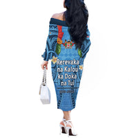 Fiji Day Off The Shoulder Long Sleeve Dress Happy 54 Years Of Independence Tapa Pattern Blue
