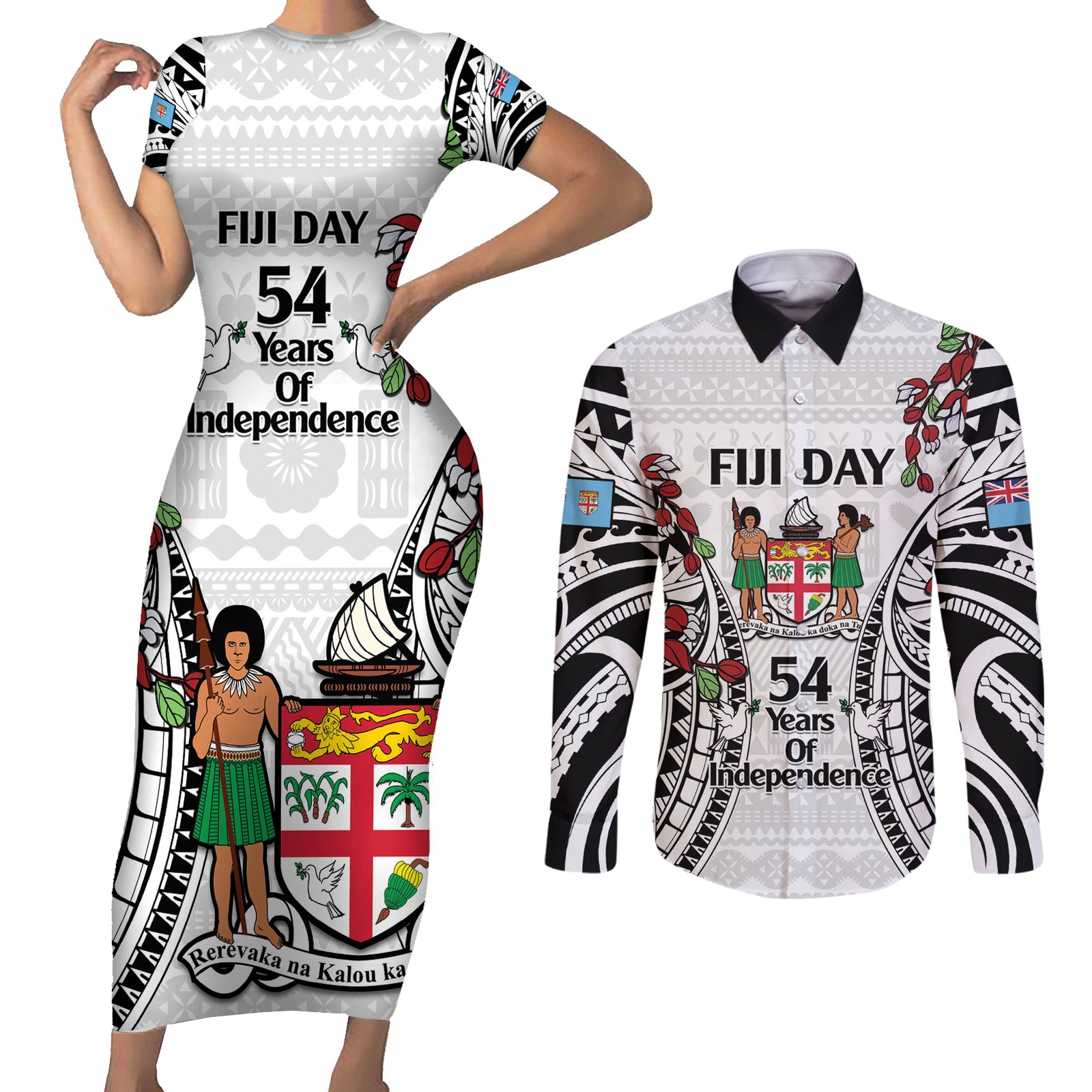 Fiji Day Couples Matching Short Sleeve Bodycon Dress and Long Sleeve Button Shirt Happy 54 Years Of Independence Tapa Pattern White