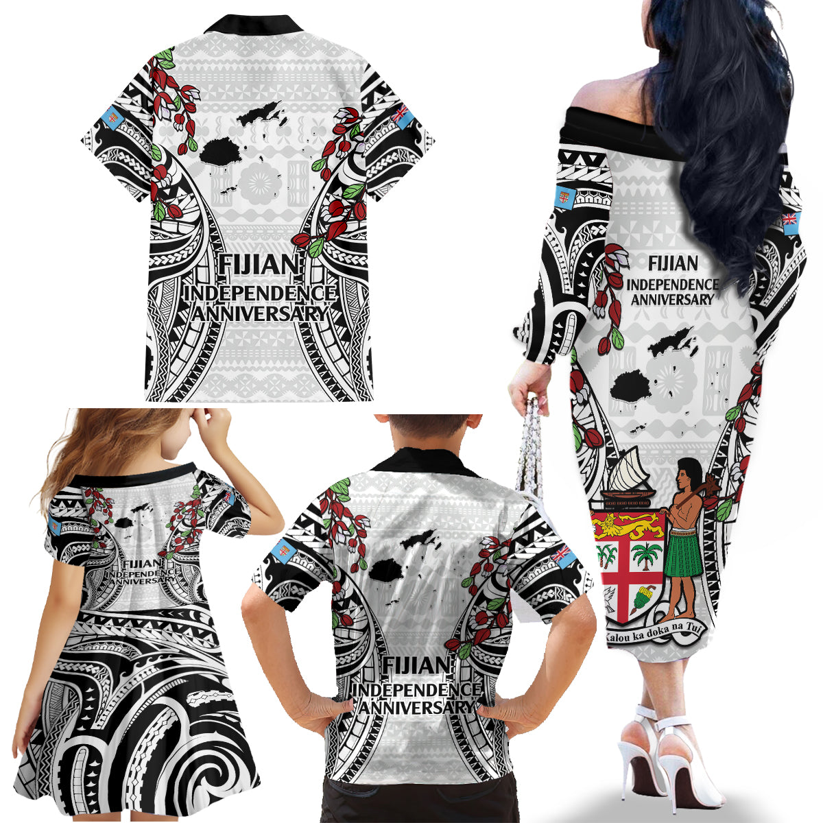Fiji Day Family Matching Off The Shoulder Long Sleeve Dress and Hawaiian Shirt Happy 54 Years Of Independence Tapa Pattern White LT14 - Polynesian Pride