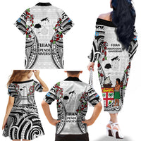 Fiji Day Family Matching Off The Shoulder Long Sleeve Dress and Hawaiian Shirt Happy 54 Years Of Independence Tapa Pattern White LT14 - Polynesian Pride