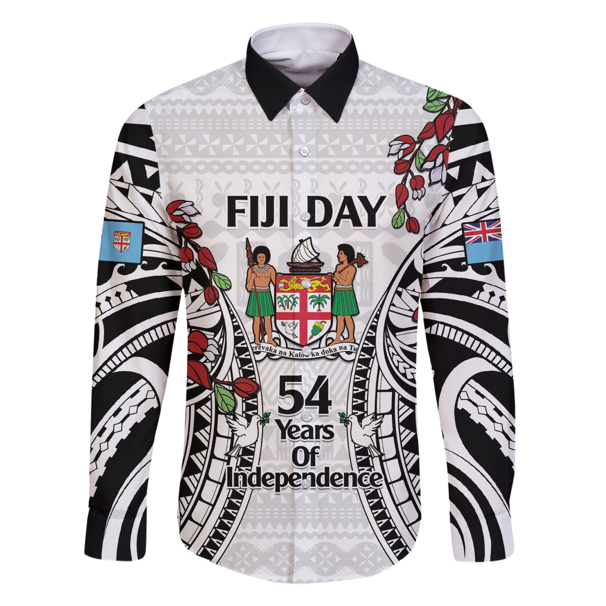 Fiji Day Family Matching Off The Shoulder Long Sleeve Dress and Hawaiian Shirt Happy 54 Years Of Independence Tapa Pattern White LT14 Dad's Shirt - Long Sleeve White - Polynesian Pride