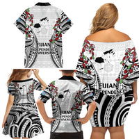 Fiji Day Family Matching Off Shoulder Short Dress and Hawaiian Shirt Happy 54 Years Of Independence Tapa Pattern White