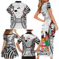 Fiji Day Family Matching Short Sleeve Bodycon Dress and Hawaiian Shirt Happy 54 Years Of Independence Tapa Pattern White