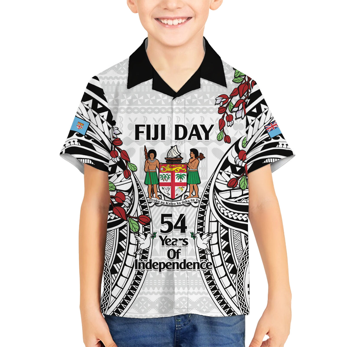 Fiji Day Family Matching Tank Maxi Dress and Hawaiian Shirt Happy 54 Years Of Independence Tapa Pattern White LT14 Son's Shirt White - Polynesian Pride
