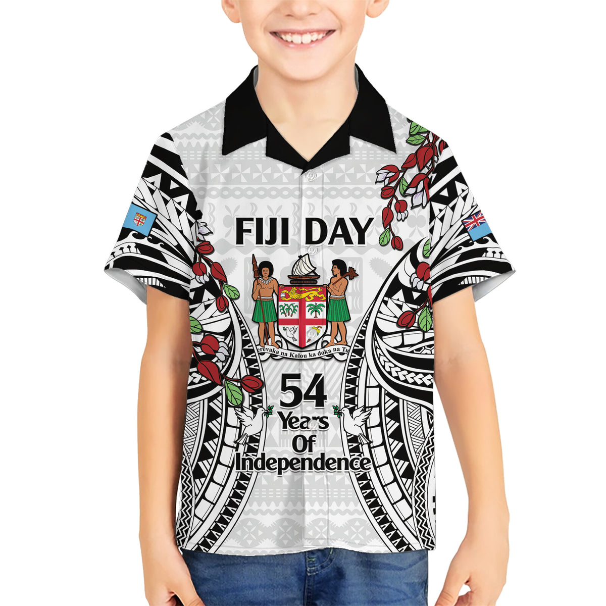 Fiji Day Kid Hawaiian Shirt Happy 54 Years Of Independence Tapa Pattern White