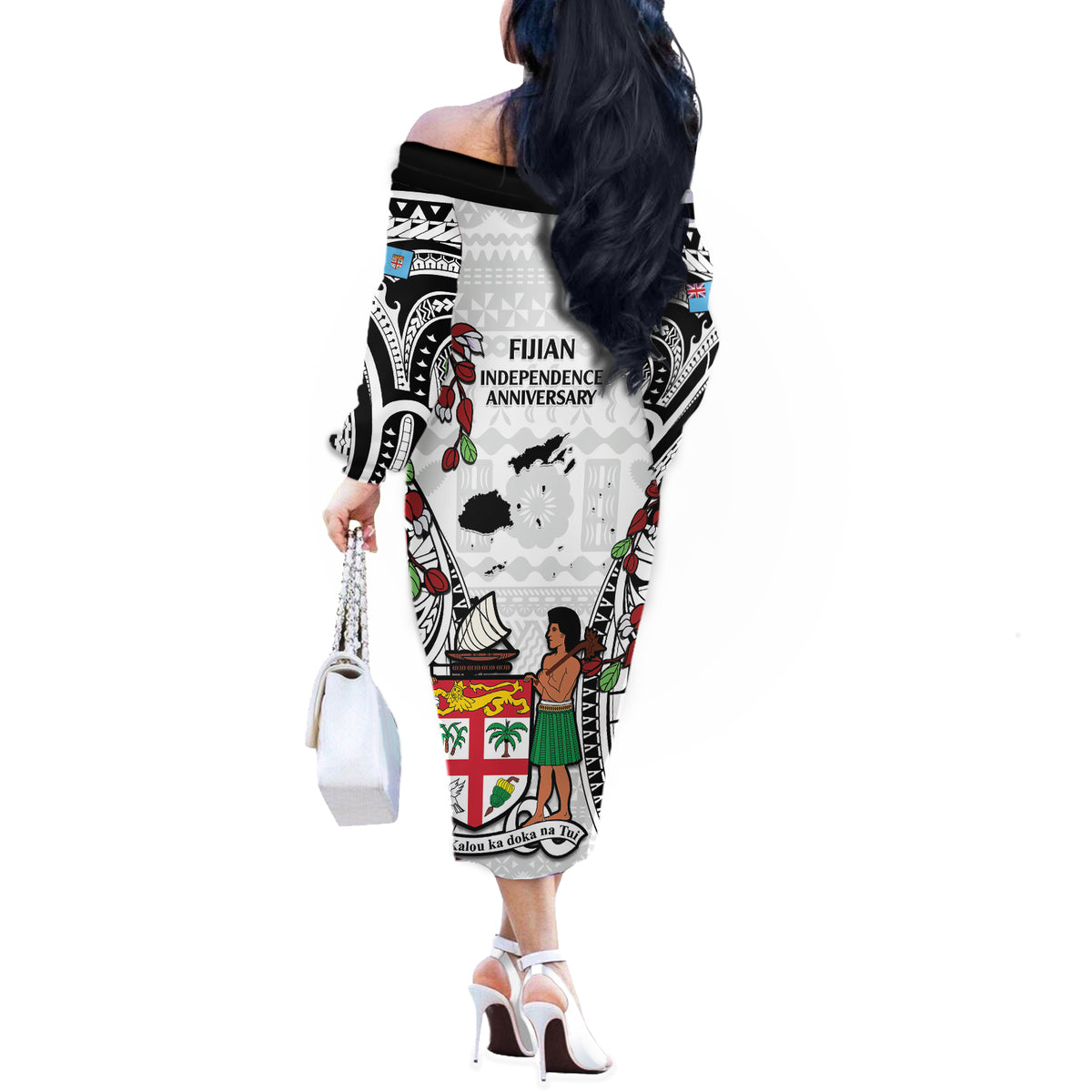 Fiji Day Off The Shoulder Long Sleeve Dress Happy 54 Years Of Independence Tapa Pattern White LT14 - Polynesian Pride