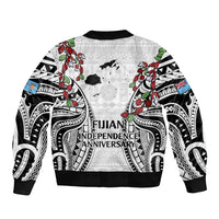 Fiji Day Sleeve Zip Bomber Jacket Happy 54 Years Of Independence Tapa Pattern White