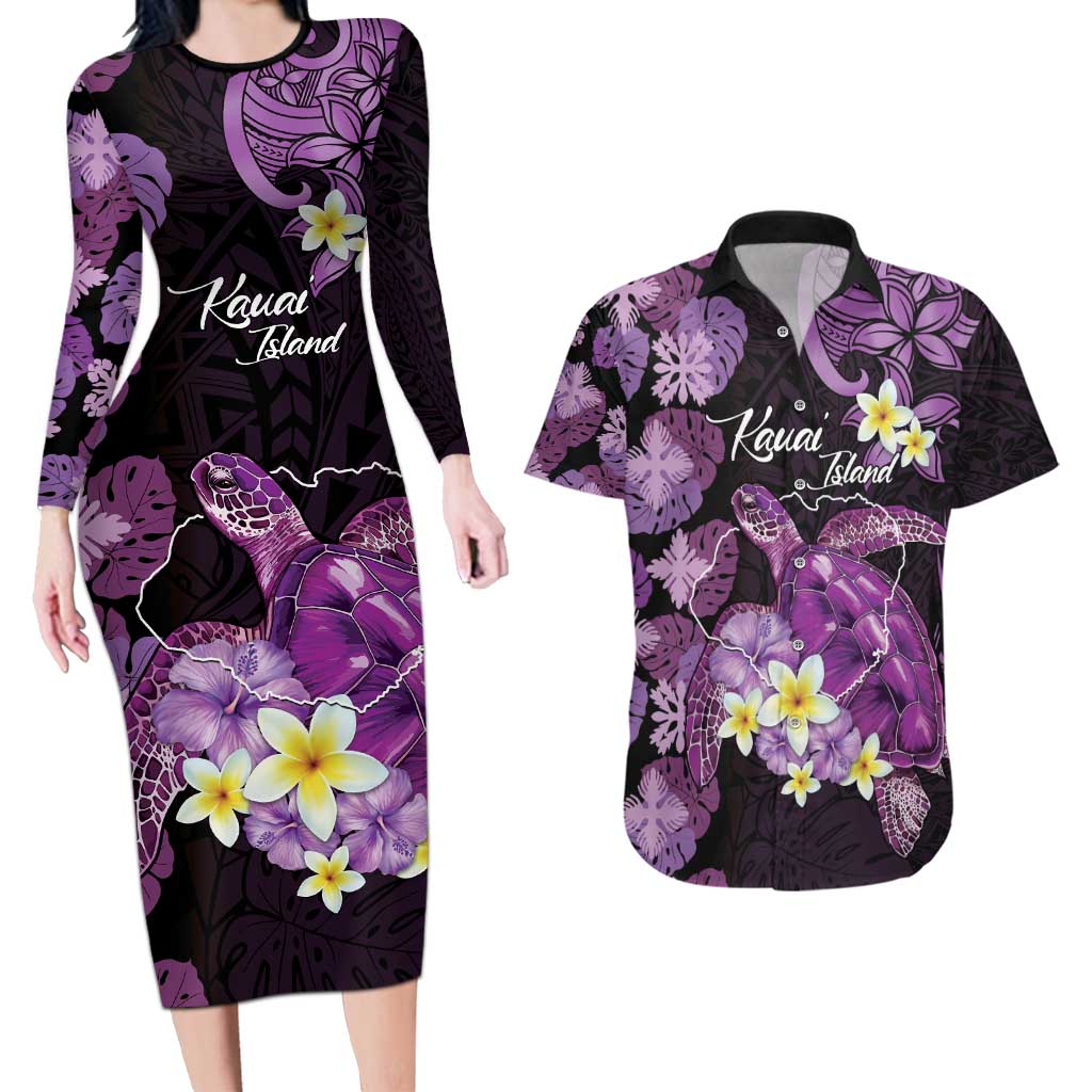 Personalised Aloha Hawaii Kauai Island Couples Matching Long Sleeve Bodycon Dress and Hawaiian Shirt Garden Isle Map Sea Turtle Plumeria LT14 Purple - Polynesian Pride