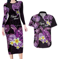 Personalised Aloha Hawaii Kauai Island Couples Matching Long Sleeve Bodycon Dress and Hawaiian Shirt Garden Isle Map Sea Turtle Plumeria LT14 Purple - Polynesian Pride