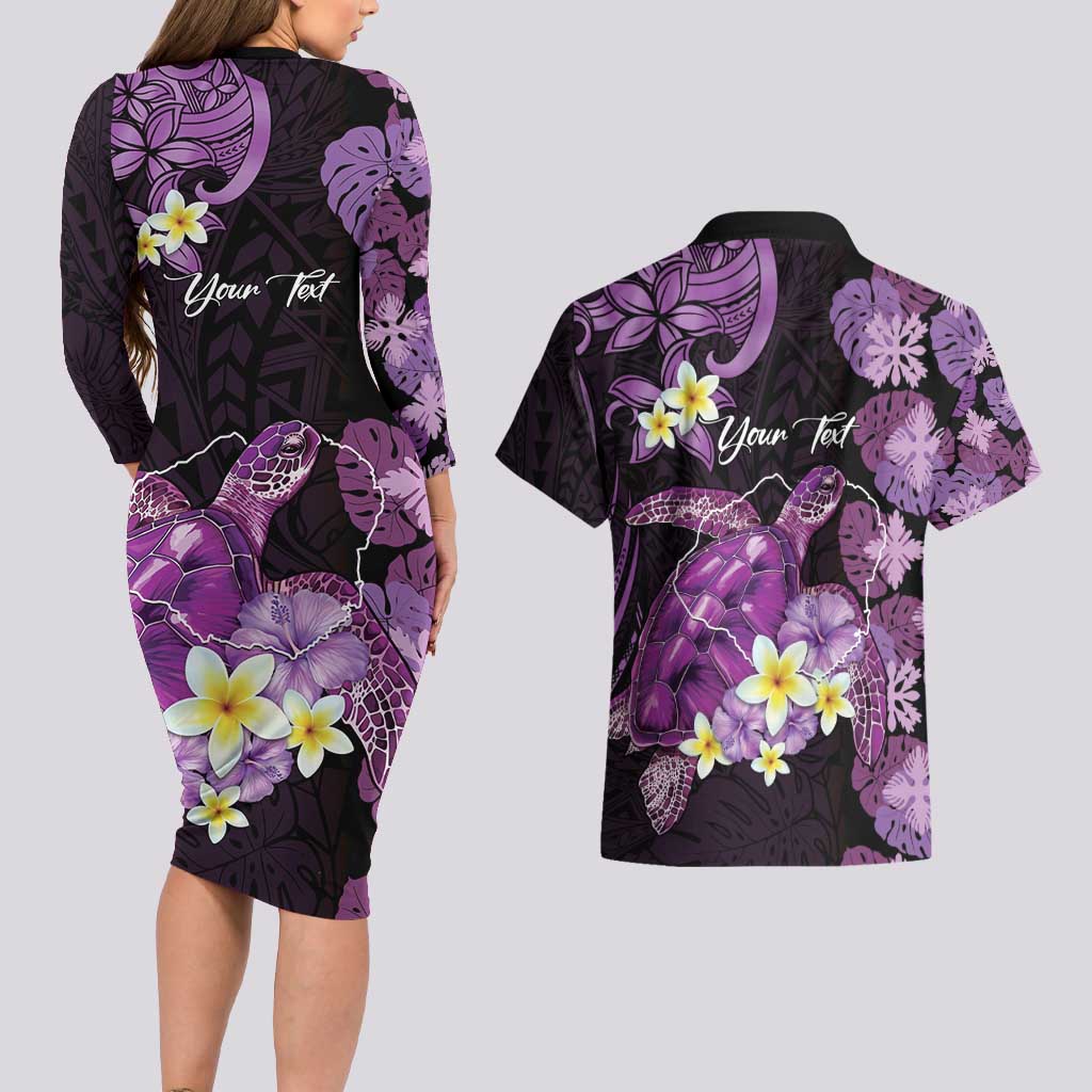 Personalised Aloha Hawaii Kauai Island Couples Matching Long Sleeve Bodycon Dress and Hawaiian Shirt Garden Isle Map Sea Turtle Plumeria LT14 - Polynesian Pride