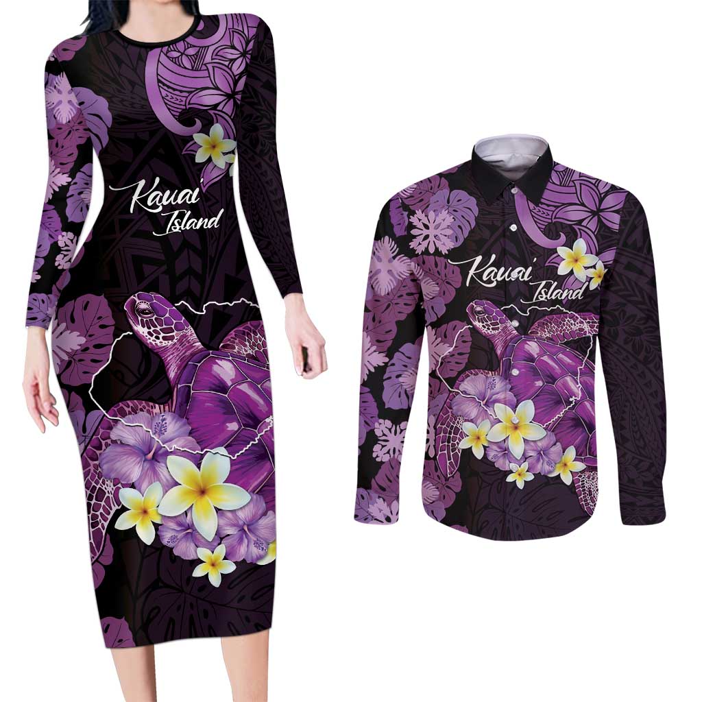 Personalised Aloha Hawaii Kauai Island Couples Matching Long Sleeve Bodycon Dress and Long Sleeve Button Shirt Garden Isle Map Sea Turtle Plumeria LT14 Purple - Polynesian Pride