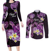 Personalised Aloha Hawaii Kauai Island Couples Matching Long Sleeve Bodycon Dress and Long Sleeve Button Shirt Garden Isle Map Sea Turtle Plumeria LT14 Purple - Polynesian Pride