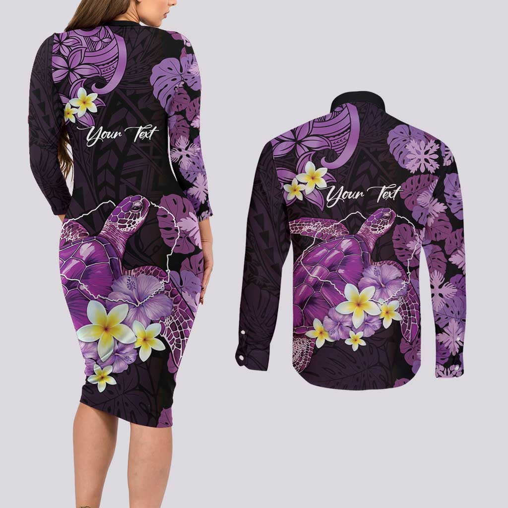 Personalised Aloha Hawaii Kauai Island Couples Matching Long Sleeve Bodycon Dress and Long Sleeve Button Shirt Garden Isle Map Sea Turtle Plumeria LT14 - Polynesian Pride