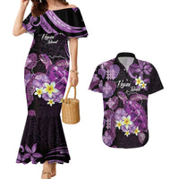 Personalised Aloha Hawaii Kauai Island Couples Matching Mermaid Dress and Hawaiian Shirt Garden Isle Map Sea Turtle Plumeria LT14 Purple - Polynesian Pride