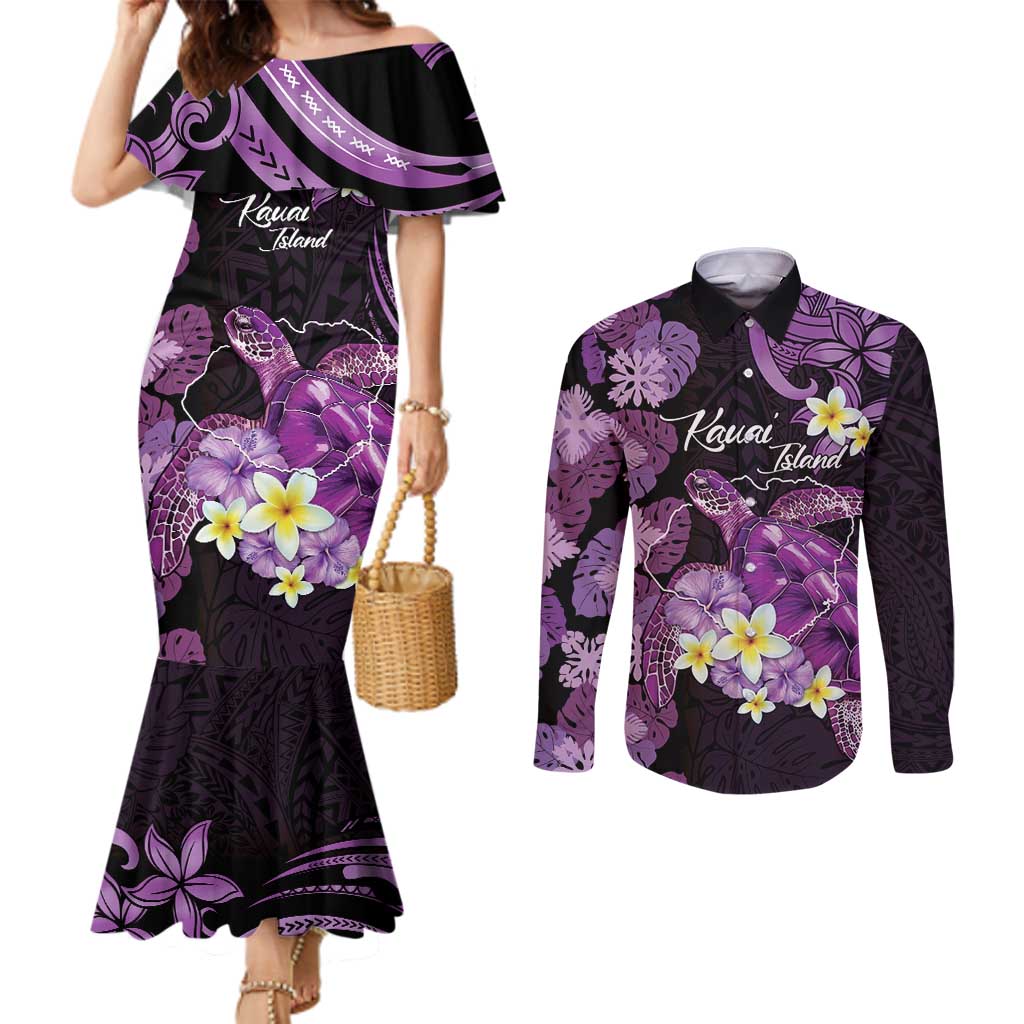 Personalised Aloha Hawaii Kauai Island Couples Matching Mermaid Dress and Long Sleeve Button Shirt Garden Isle Map Sea Turtle Plumeria LT14 Purple - Polynesian Pride