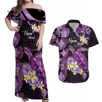 Personalised Aloha Hawaii Kauai Island Couples Matching Off Shoulder Maxi Dress and Hawaiian Shirt Garden Isle Map Sea Turtle Plumeria LT14 Purple - Polynesian Pride