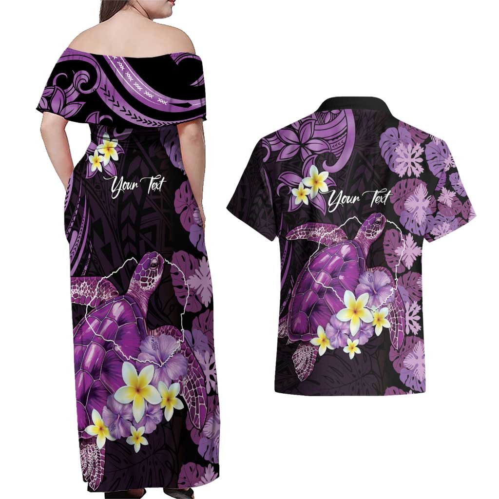 Personalised Aloha Hawaii Kauai Island Couples Matching Off Shoulder Maxi Dress and Hawaiian Shirt Garden Isle Map Sea Turtle Plumeria LT14 - Polynesian Pride