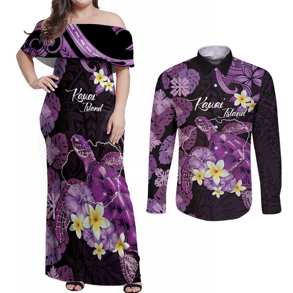 Personalised Aloha Hawaii Kauai Island Couples Matching Off Shoulder Maxi Dress and Long Sleeve Button Shirt Garden Isle Map Sea Turtle Plumeria LT14 Purple - Polynesian Pride