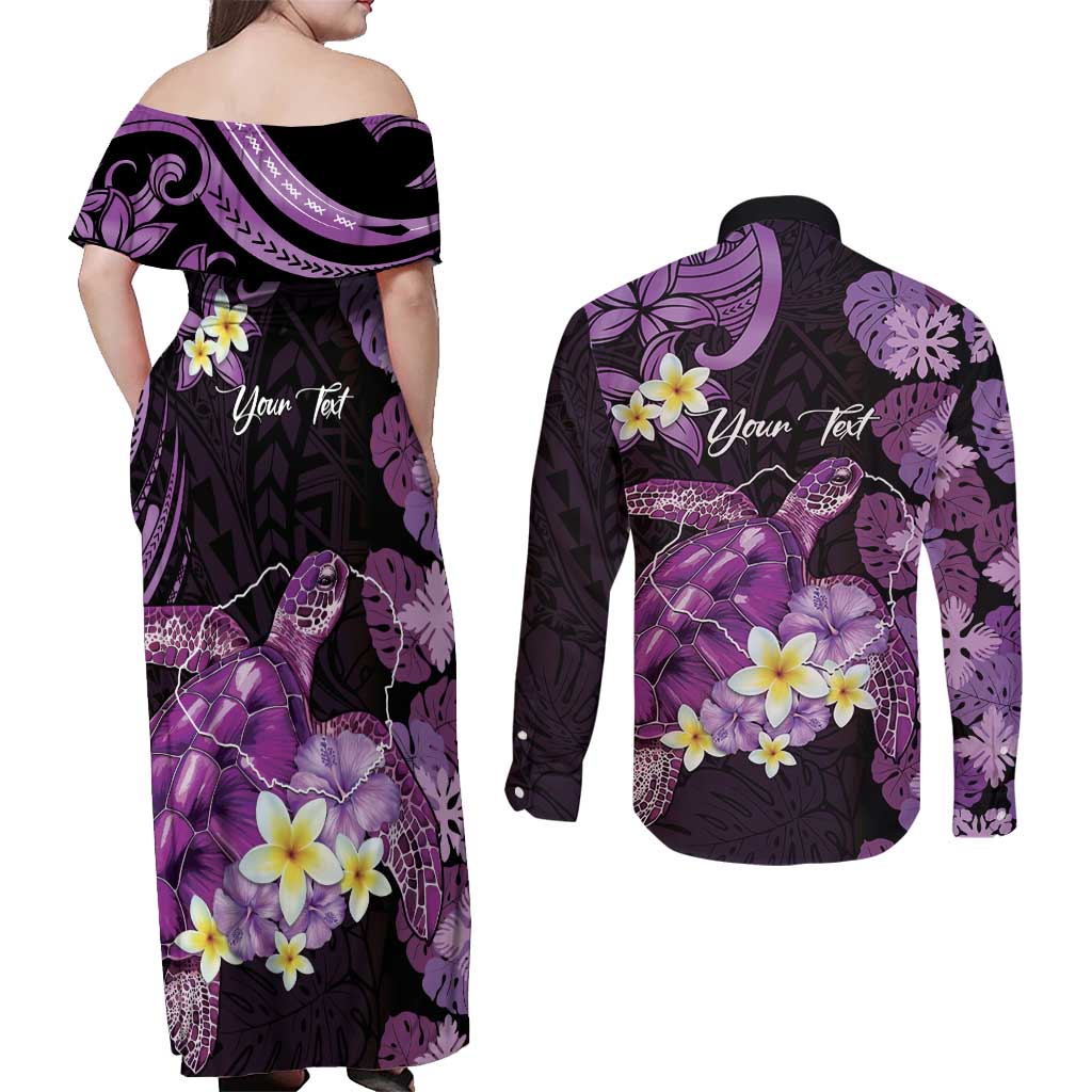 Personalised Aloha Hawaii Kauai Island Couples Matching Off Shoulder Maxi Dress and Long Sleeve Button Shirt Garden Isle Map Sea Turtle Plumeria LT14 - Polynesian Pride