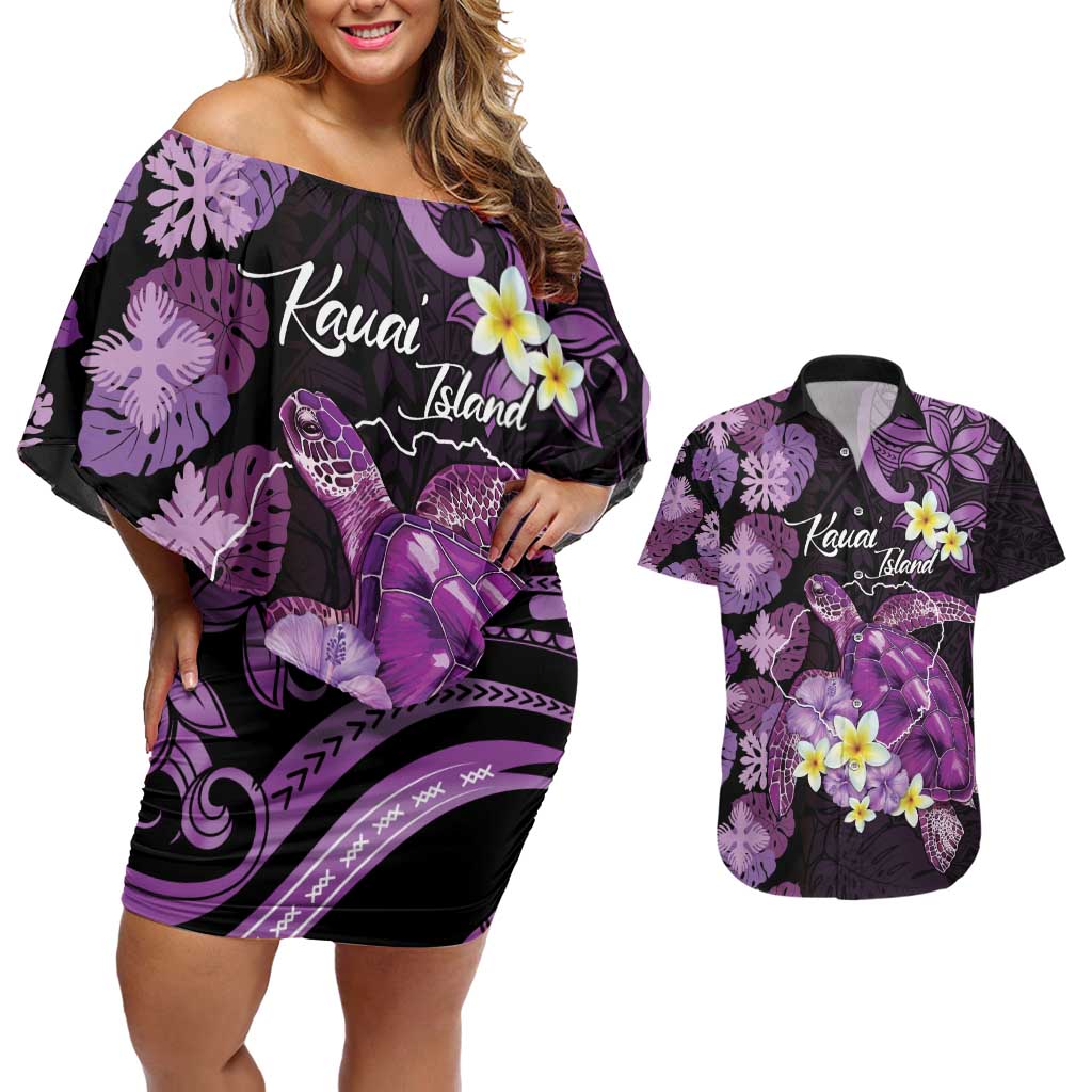 Personalised Aloha Hawaii Kauai Island Couples Matching Off Shoulder Short Dress and Hawaiian Shirt Garden Isle Map Sea Turtle Plumeria LT14 Purple - Polynesian Pride