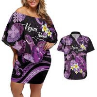 Personalised Aloha Hawaii Kauai Island Couples Matching Off Shoulder Short Dress and Hawaiian Shirt Garden Isle Map Sea Turtle Plumeria LT14 Purple - Polynesian Pride