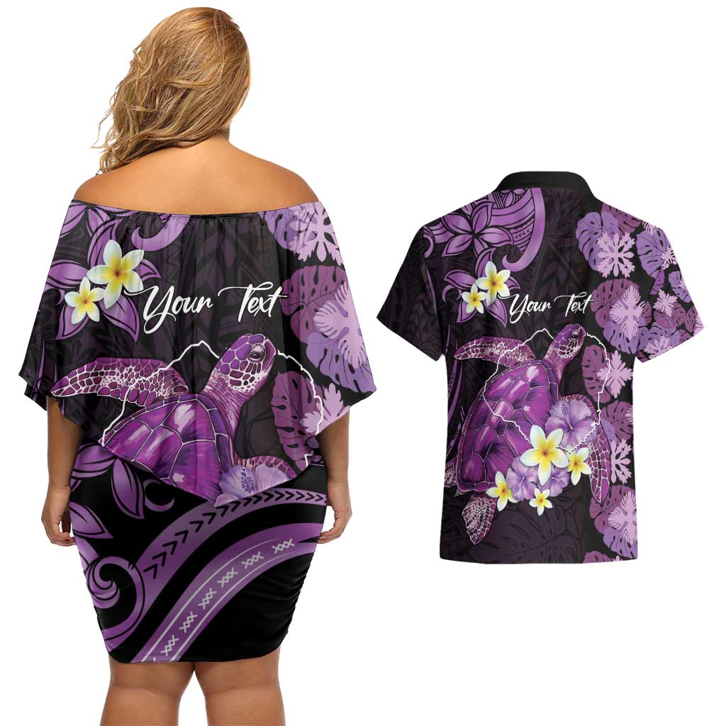 Personalised Aloha Hawaii Kauai Island Couples Matching Off Shoulder Short Dress and Hawaiian Shirt Garden Isle Map Sea Turtle Plumeria LT14 - Polynesian Pride