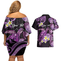 Personalised Aloha Hawaii Kauai Island Couples Matching Off Shoulder Short Dress and Hawaiian Shirt Garden Isle Map Sea Turtle Plumeria LT14 - Polynesian Pride