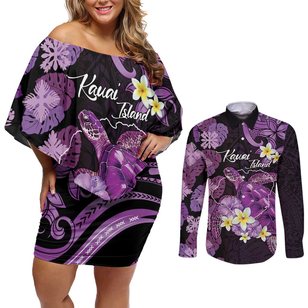 Personalised Aloha Hawaii Kauai Island Couples Matching Off Shoulder Short Dress and Long Sleeve Button Shirt Garden Isle Map Sea Turtle Plumeria LT14 Purple - Polynesian Pride