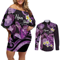 Personalised Aloha Hawaii Kauai Island Couples Matching Off Shoulder Short Dress and Long Sleeve Button Shirt Garden Isle Map Sea Turtle Plumeria LT14 Purple - Polynesian Pride