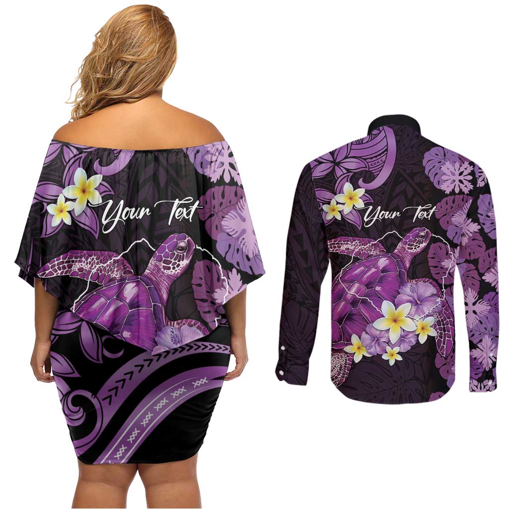 Personalised Aloha Hawaii Kauai Island Couples Matching Off Shoulder Short Dress and Long Sleeve Button Shirt Garden Isle Map Sea Turtle Plumeria LT14 - Polynesian Pride