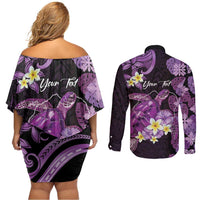 Personalised Aloha Hawaii Kauai Island Couples Matching Off Shoulder Short Dress and Long Sleeve Button Shirt Garden Isle Map Sea Turtle Plumeria LT14 - Polynesian Pride